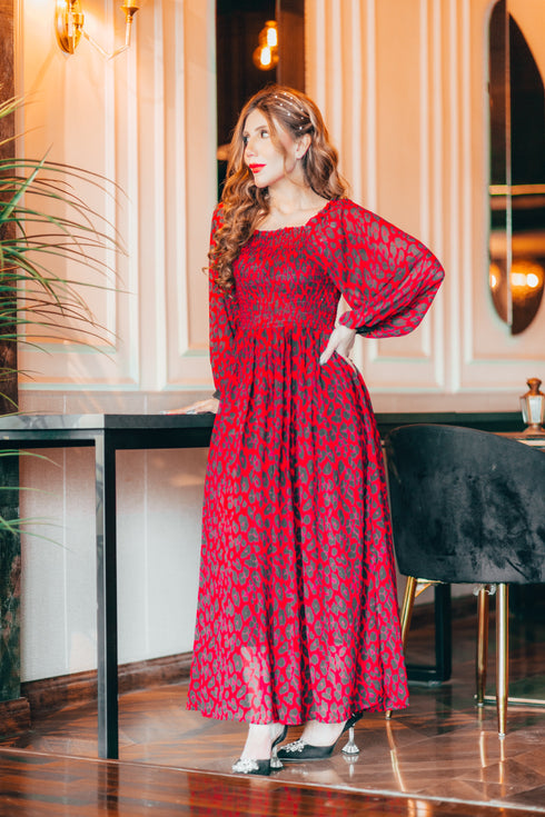 Red Leopard Smokey Dress